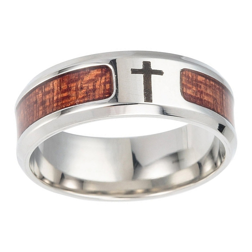 Unisex Wood Inlaid Stainless Steel Tree of Life Cross Finger Ring Jewelry Gift Image 6