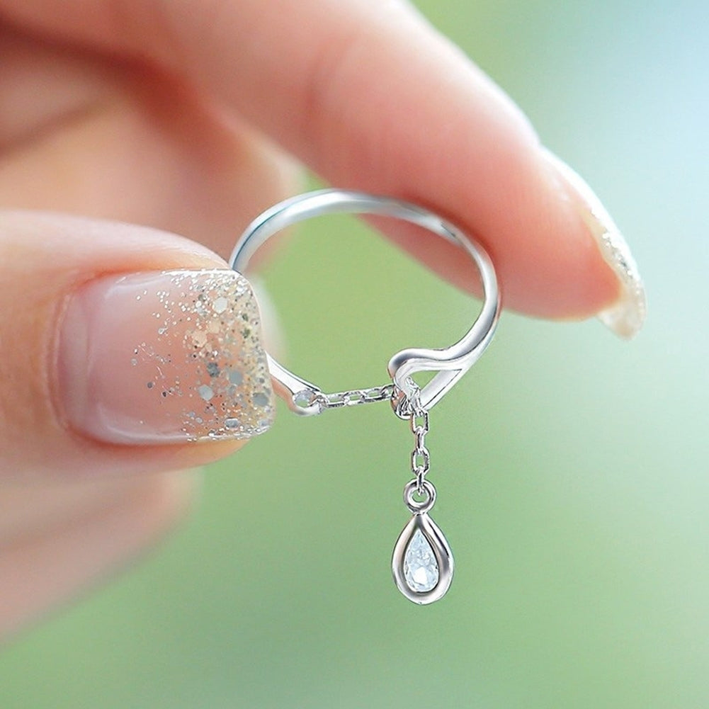 Adjustable Chain Teardrop Cubic Zirconia CZ Hollow Heart Opening Finger Ring Image 1