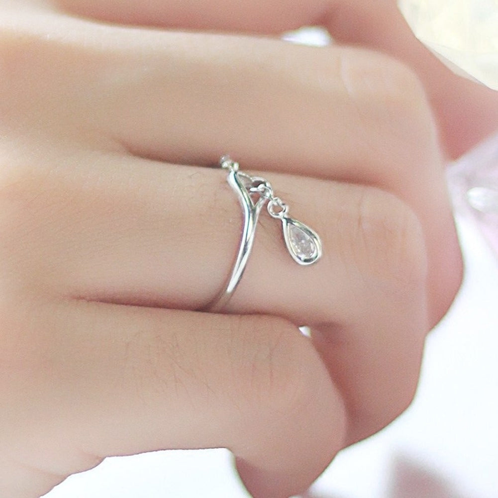 Adjustable Chain Teardrop Cubic Zirconia CZ Hollow Heart Opening Finger Ring Image 3