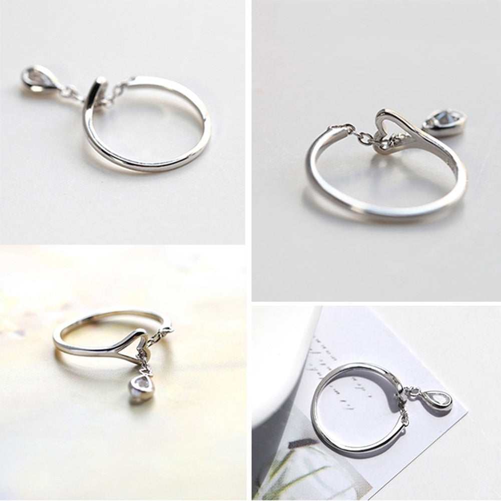 Adjustable Chain Teardrop Cubic Zirconia CZ Hollow Heart Opening Finger Ring Image 4