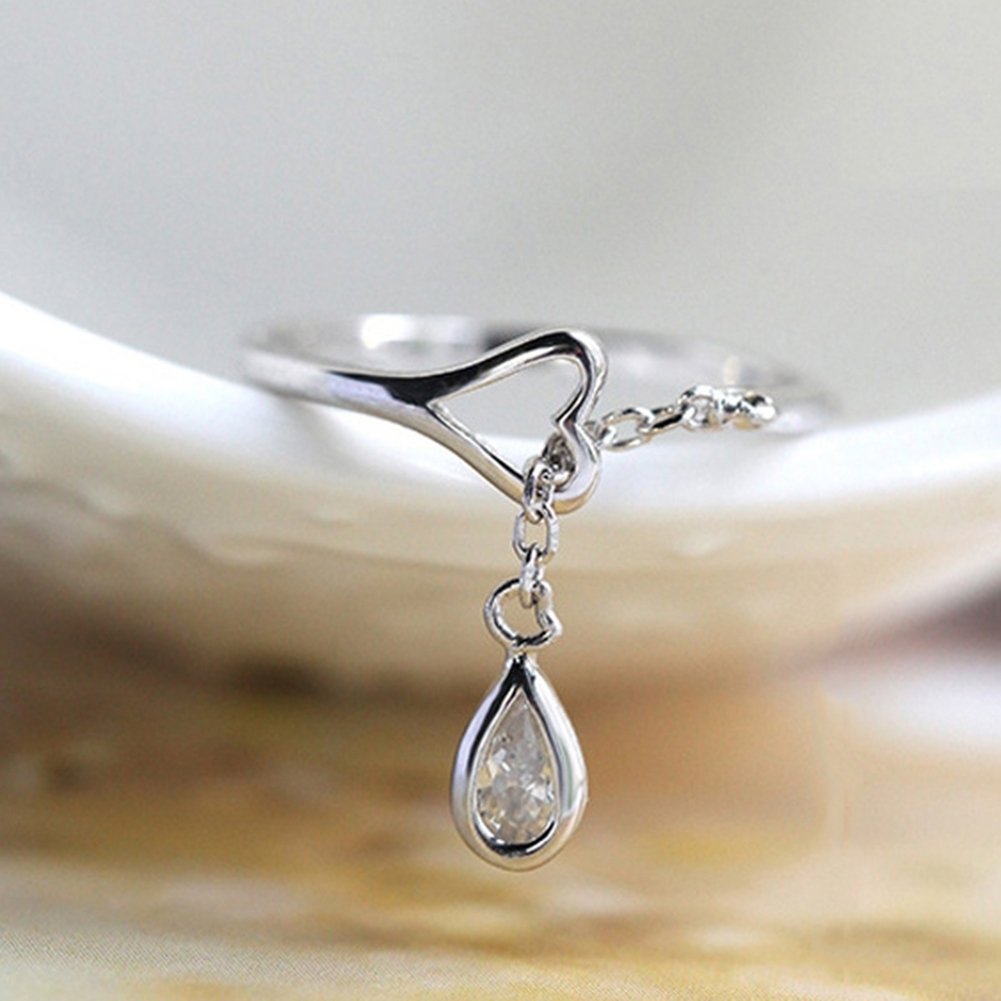 Adjustable Chain Teardrop Cubic Zirconia CZ Hollow Heart Opening Finger Ring Image 10