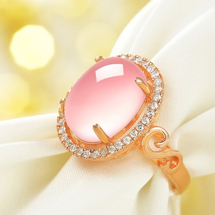 Womens Luxury Fashion Oval Rose Quartz Rhinestone Open Finger Ring Jewelry Gift Image 2