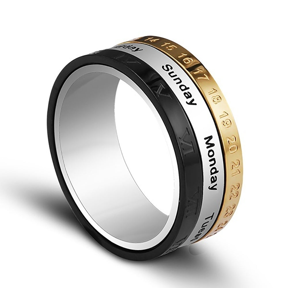 Creative Rotating Ring Titanium Calendar Date Week Month Three Rings Jewelry Image 1