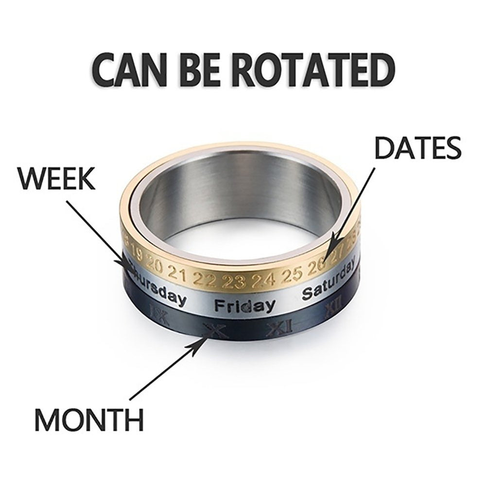 Creative Rotating Ring Titanium Calendar Date Week Month Three Rings Jewelry Image 2