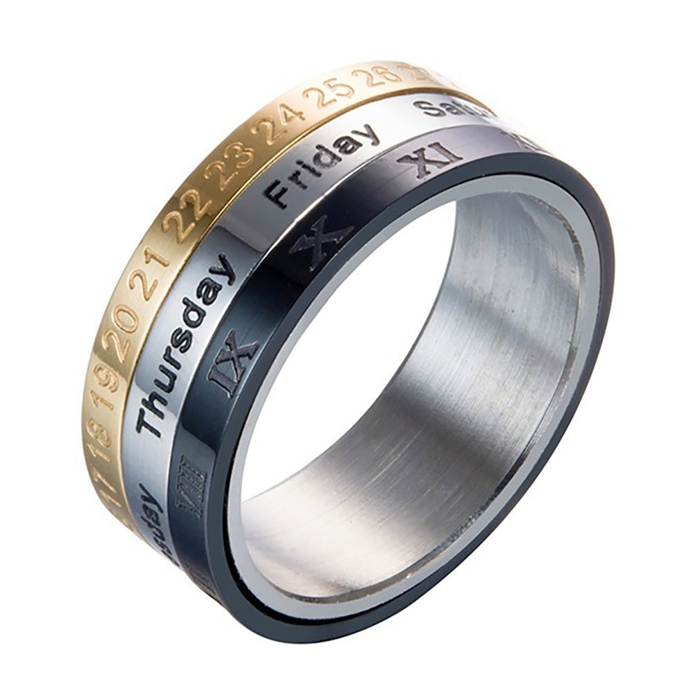 Creative Rotating Ring Titanium Calendar Date Week Month Three Rings Jewelry Image 3