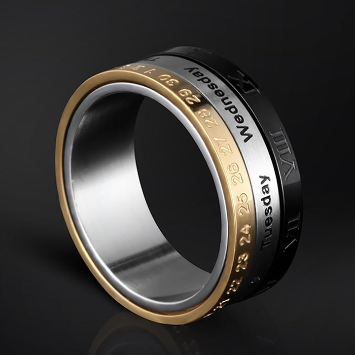 Creative Rotating Ring Titanium Calendar Date Week Month Three Rings Jewelry Image 4