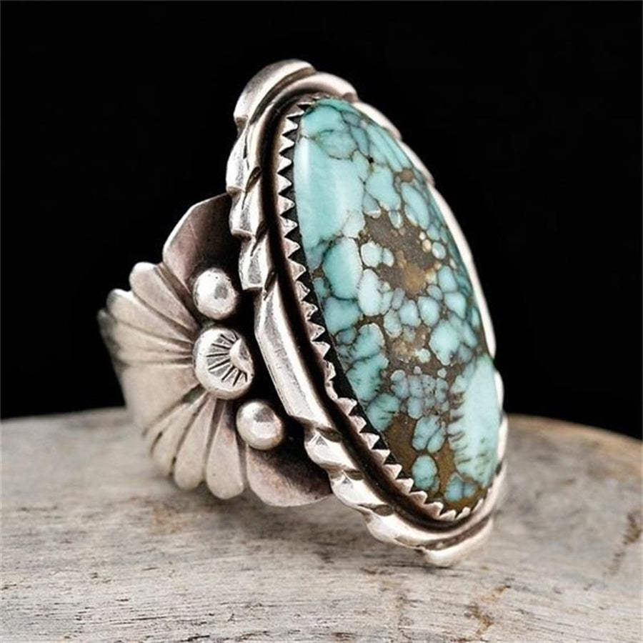 Antique Women Men Oval Turquoise Carved Finger Ring Cosplay Party Jewelry Gift Image 1