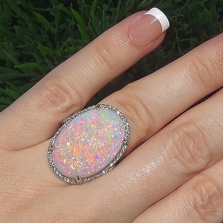 Fashion Women Super Shining Oval Shape Artificial Opal Ring Finger Jewelry Gift Image 4