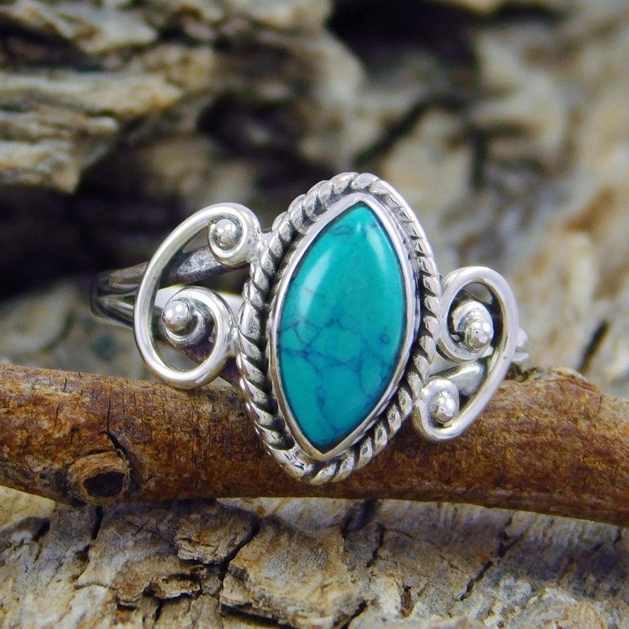 Antique Marquise Cut Turquoise Finger Ring Women Tibetan Carved Jewelry Gift Image 1