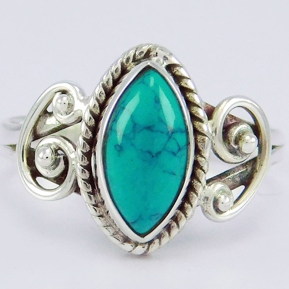 Antique Marquise Cut Turquoise Finger Ring Women Tibetan Carved Jewelry Gift Image 2