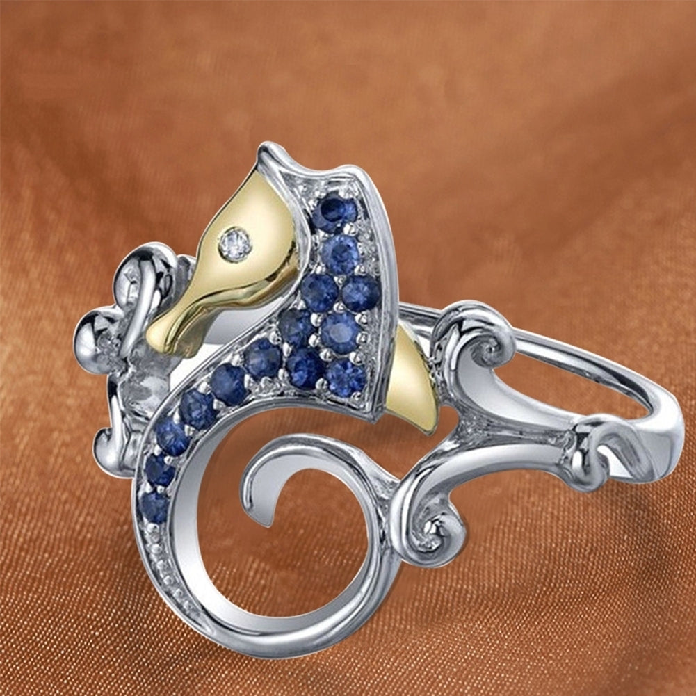 Fashion Blue Rhinestone Seahorse Silver Plated Finger Ring Women Jewelry Gift Image 3