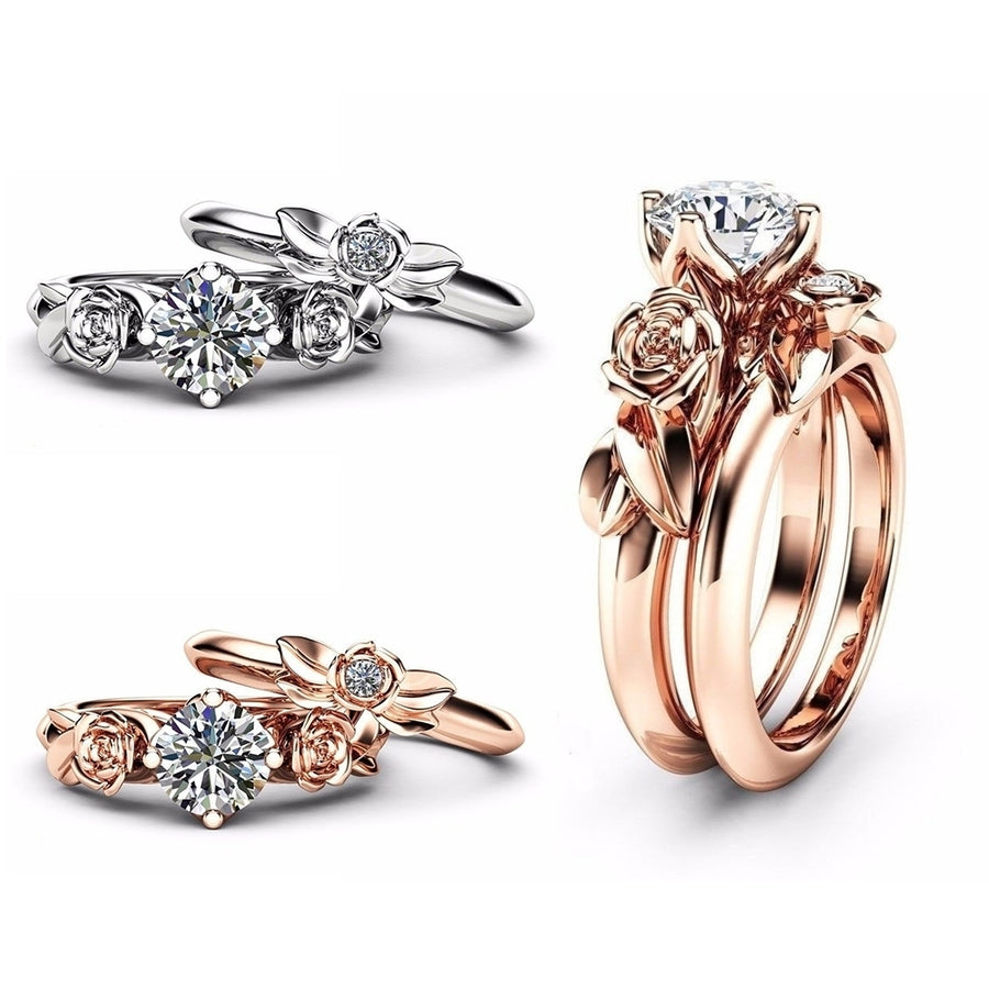 2Pcs Fashion Rose Flower Rings Set Rhinestone Women Party Engagement Jewelry Image 1