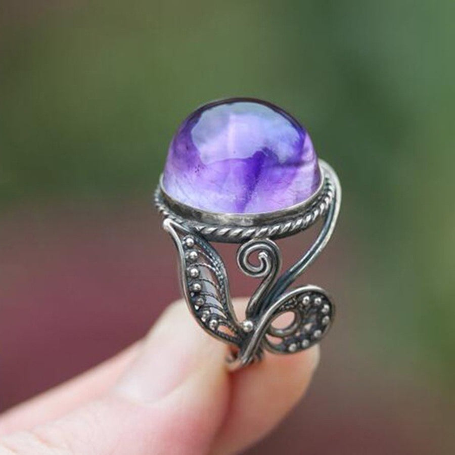 Antique Lady Purple Rhinestone Carved Leaf Style Finger Ring Party Jewelry Gift Image 1