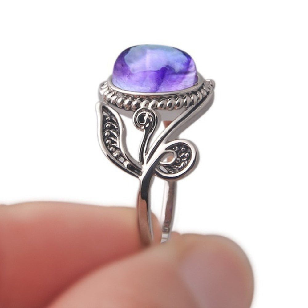 Antique Lady Purple Rhinestone Carved Leaf Style Finger Ring Party Jewelry Gift Image 2