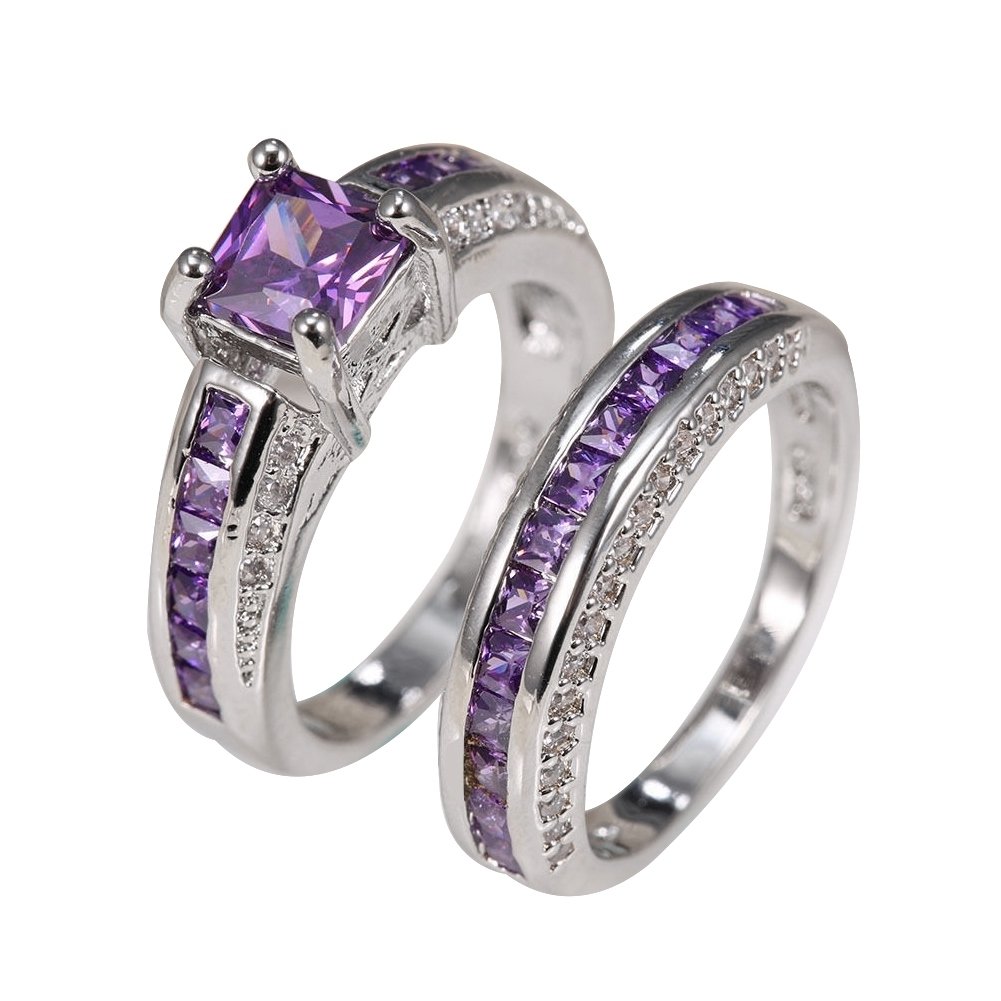 2Pcs Princess Jewelry Square Faux Amethyst Rhinestone Inlaid Wedding Ring Band Image 1