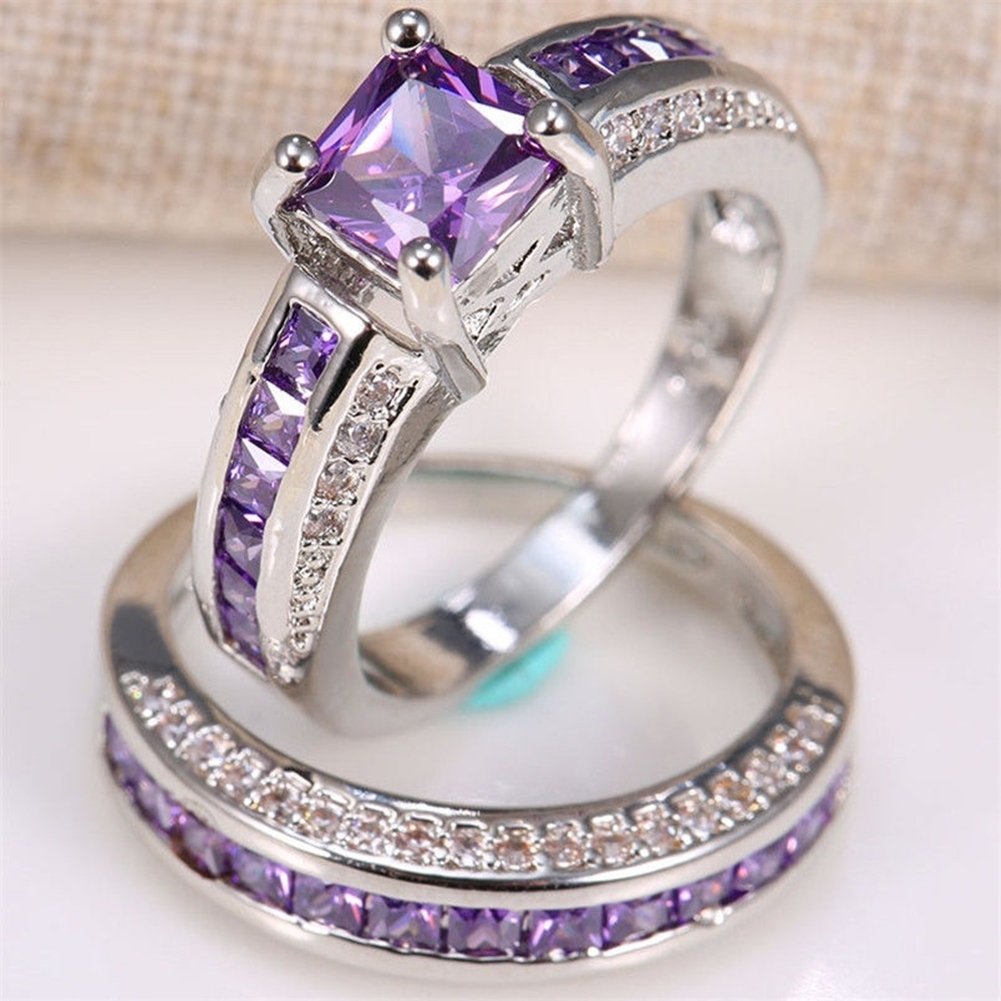 2Pcs Princess Jewelry Square Faux Amethyst Rhinestone Inlaid Wedding Ring Band Image 2