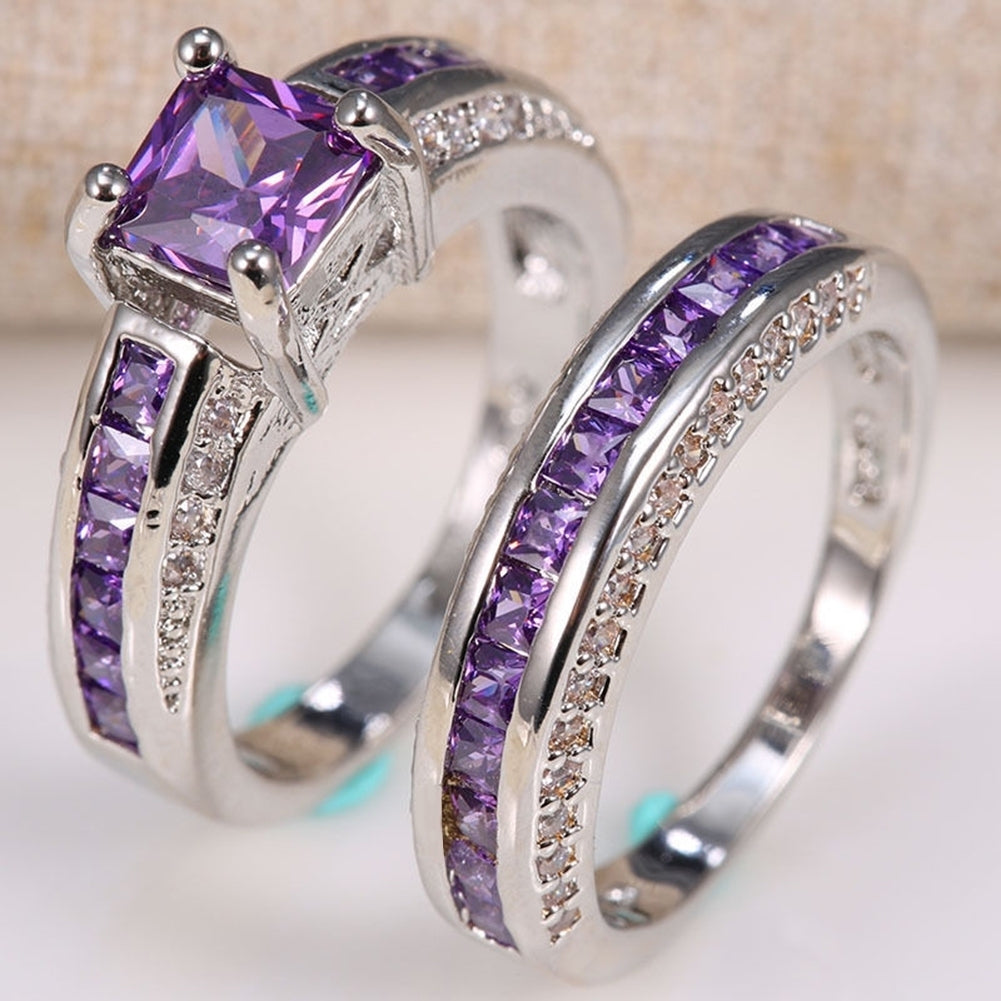 2Pcs Princess Jewelry Square Faux Amethyst Rhinestone Inlaid Wedding Ring Band Image 3