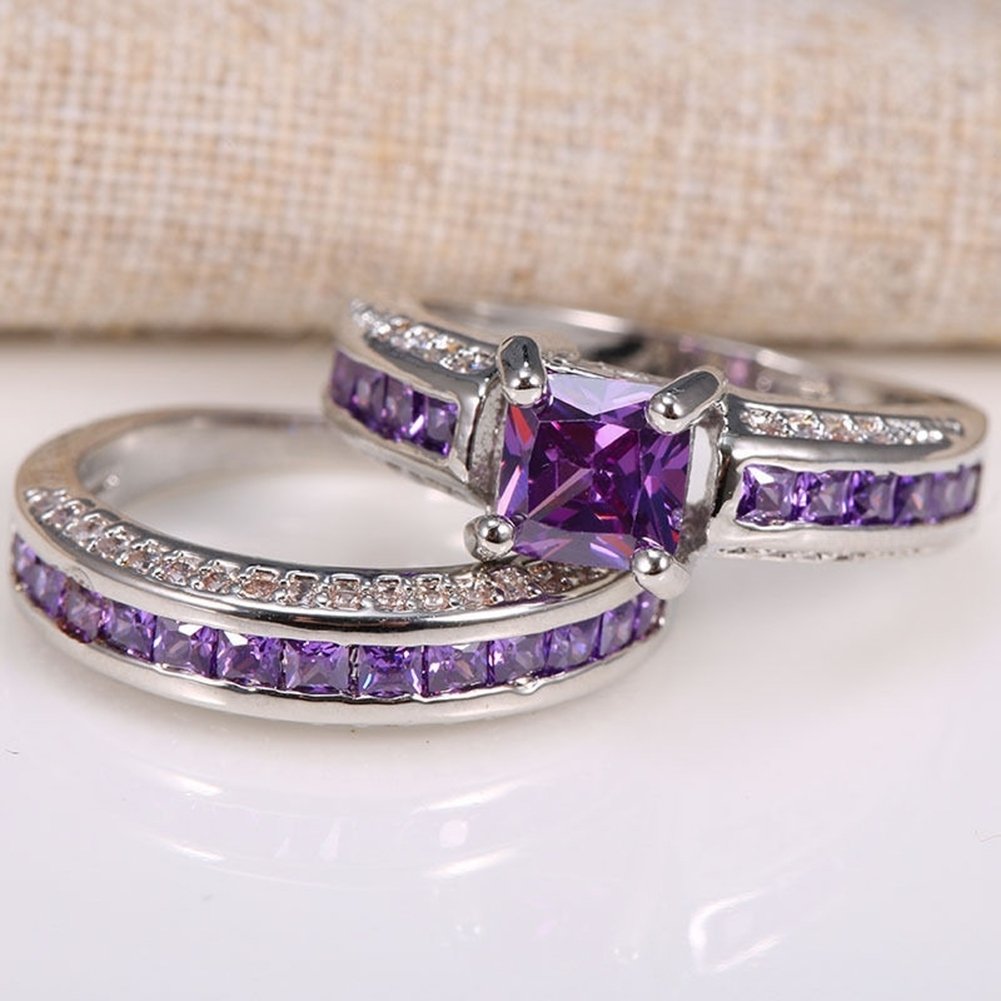 2Pcs Princess Jewelry Square Faux Amethyst Rhinestone Inlaid Wedding Ring Band Image 4