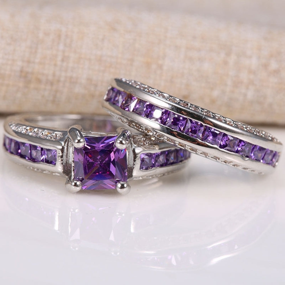 2Pcs Princess Jewelry Square Faux Amethyst Rhinestone Inlaid Wedding Ring Band Image 4