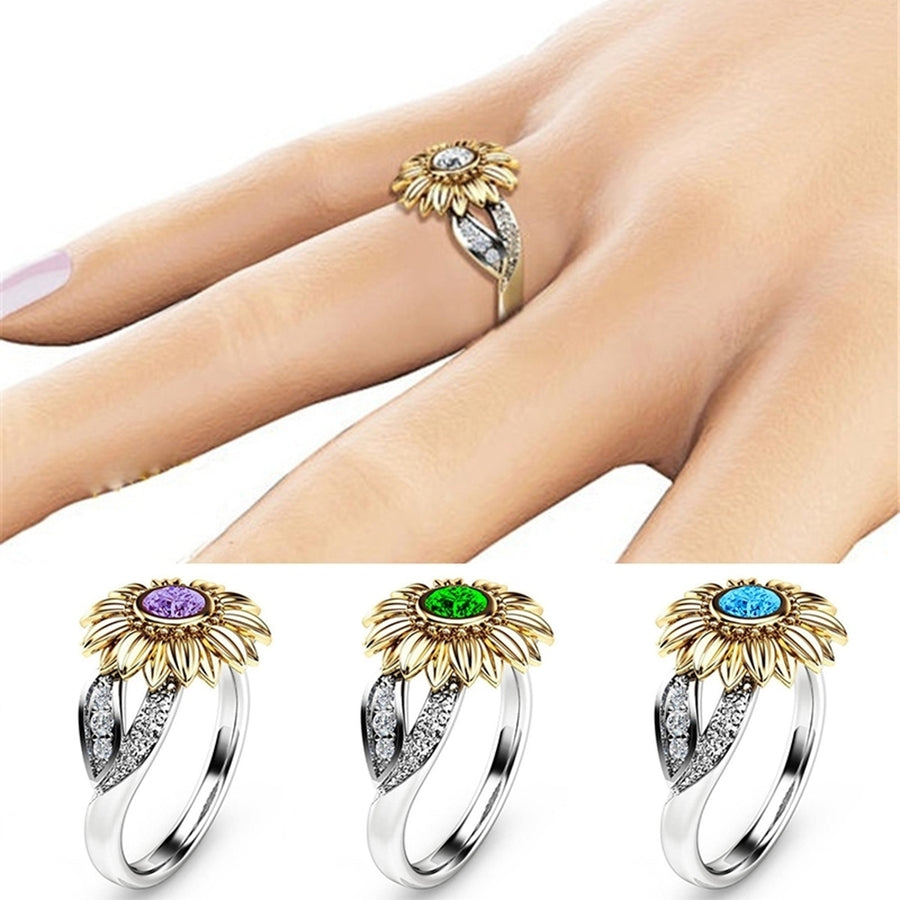 Women Fashion Sunflower Cubic Zircon Jewelry Gift Engagement Wedding Ring Band Image 1