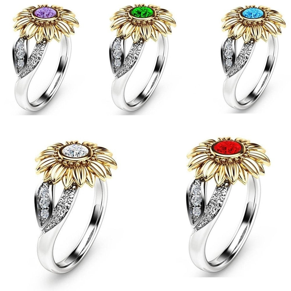 Women Fashion Sunflower Cubic Zircon Jewelry Gift Engagement Wedding Ring Band Image 2