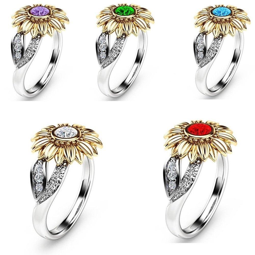 Women Fashion Sunflower Cubic Zircon Jewelry Gift Engagement Wedding Ring Band Image 2