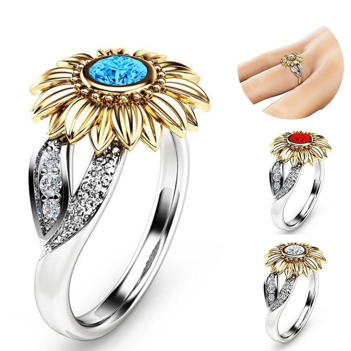 Women Fashion Sunflower Cubic Zircon Jewelry Gift Engagement Wedding Ring Band Image 3