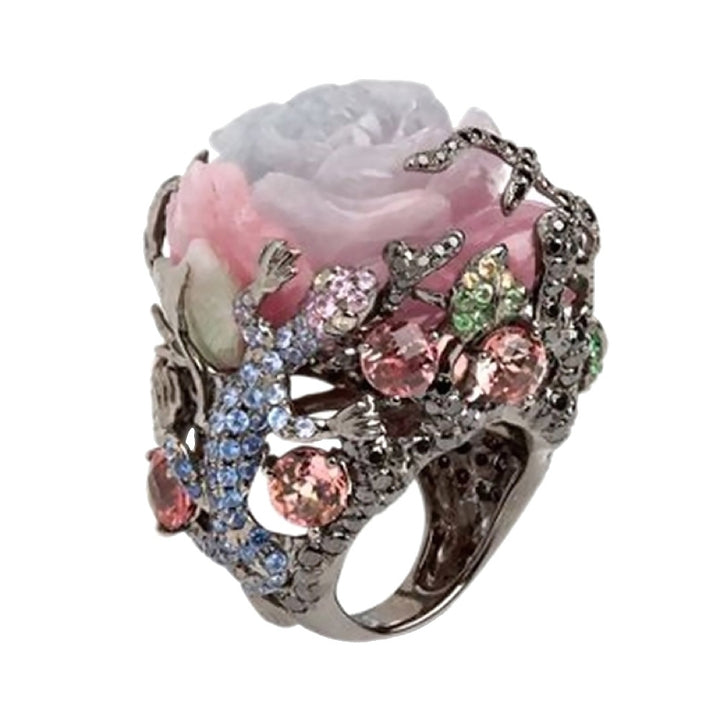 Women Party Jewelry Peony Flower Lizard Pattern Rhinestone Inlaid Ring Band Image 1