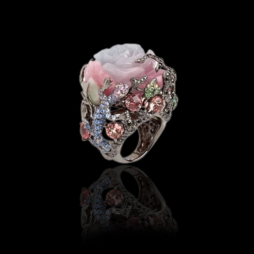 Women Party Jewelry Peony Flower Lizard Pattern Rhinestone Inlaid Ring Band Image 4