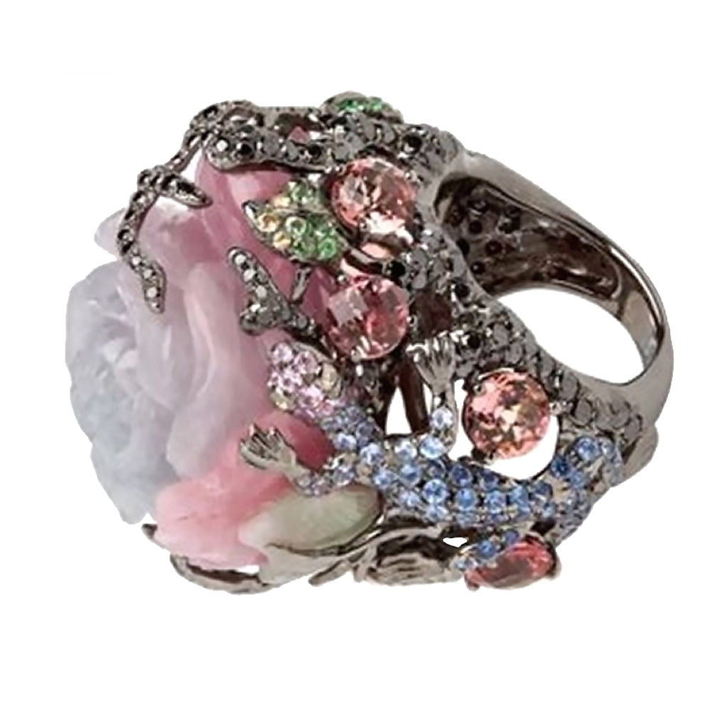 Women Party Jewelry Peony Flower Lizard Pattern Rhinestone Inlaid Ring Band Image 6