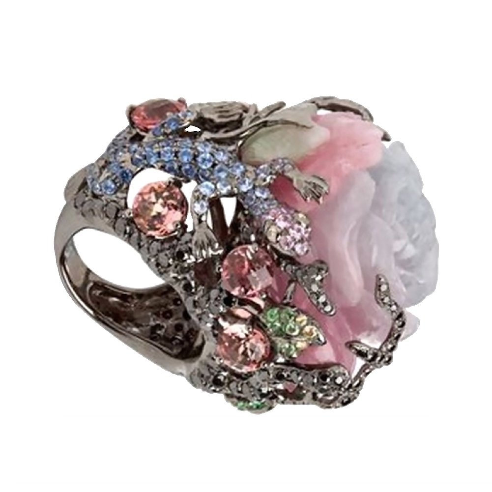 Women Party Jewelry Peony Flower Lizard Pattern Rhinestone Inlaid Ring Band Image 7