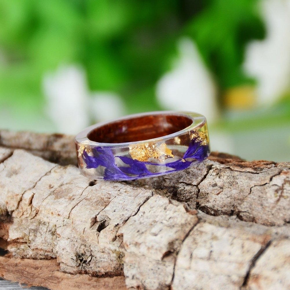 Fashion Women Handmade Wood Resin Flower Plants Finger Ring Jewelry Decor Gift Image 4