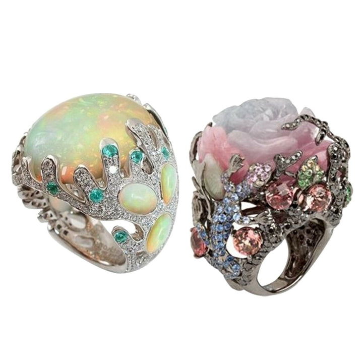 Women Multicolor Big Oval Faux Moonstone Carved Flowers Finger Ring Jewelry Image 1