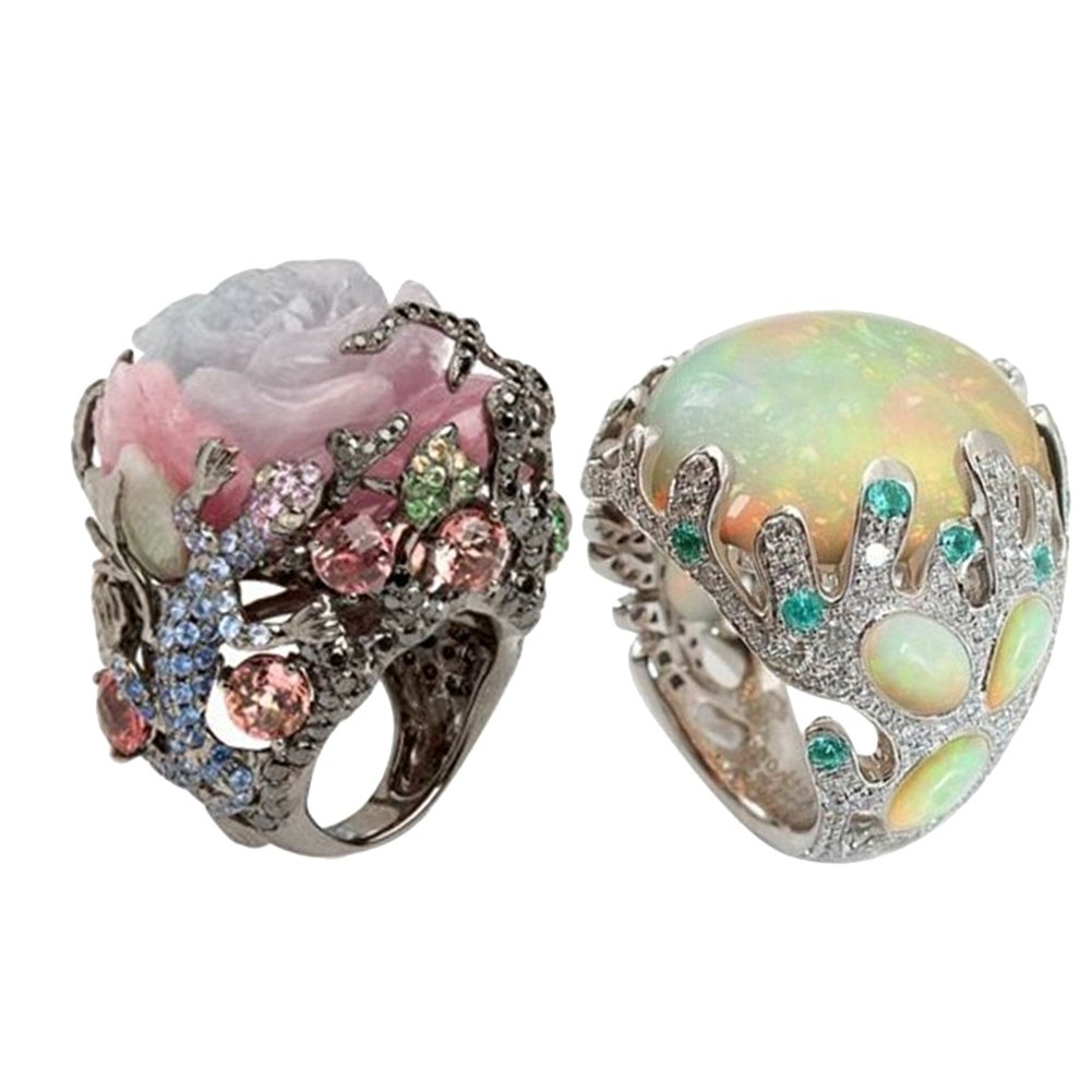 Women Multicolor Big Oval Faux Moonstone Carved Flowers Finger Ring Jewelry Image 2