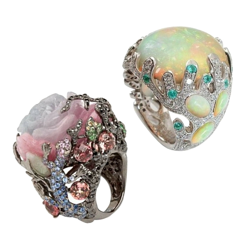 Women Multicolor Big Oval Faux Moonstone Carved Flowers Finger Ring Jewelry Image 3