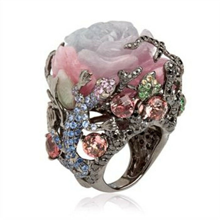 Women Multicolor Big Oval Faux Moonstone Carved Flowers Finger Ring Jewelry Image 4