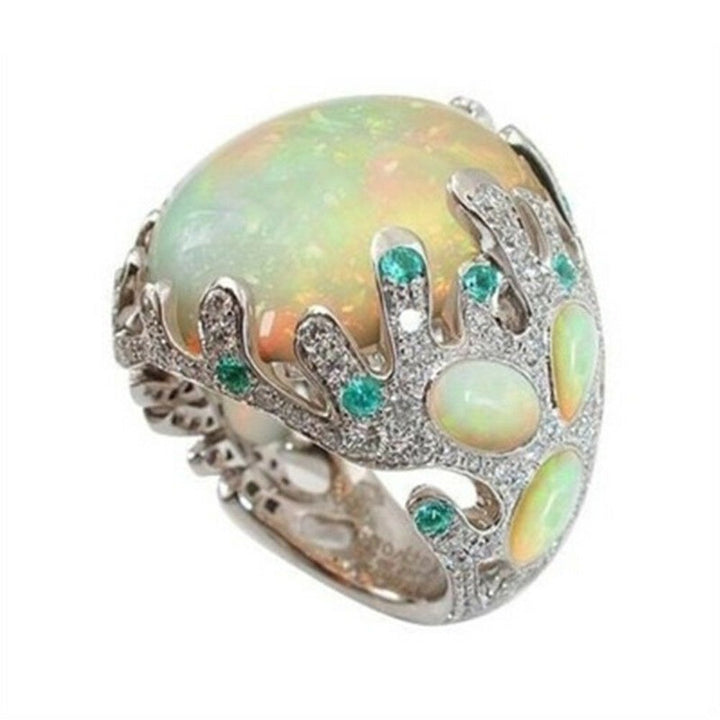 Women Multicolor Big Oval Faux Moonstone Carved Flowers Finger Ring Jewelry Image 4