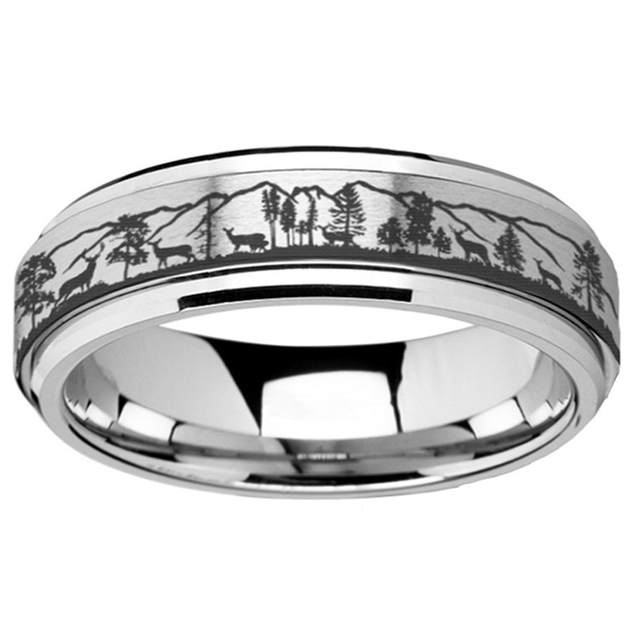 Unisex Creative Forest Stray Deer Print Titanium Steel Rotatable Spinner Ring Image 1