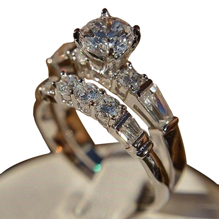 2Pcs Shiny Cubic Zirconia Inlaid Women Wedding Rings Jewelry Charm Gift Image 2