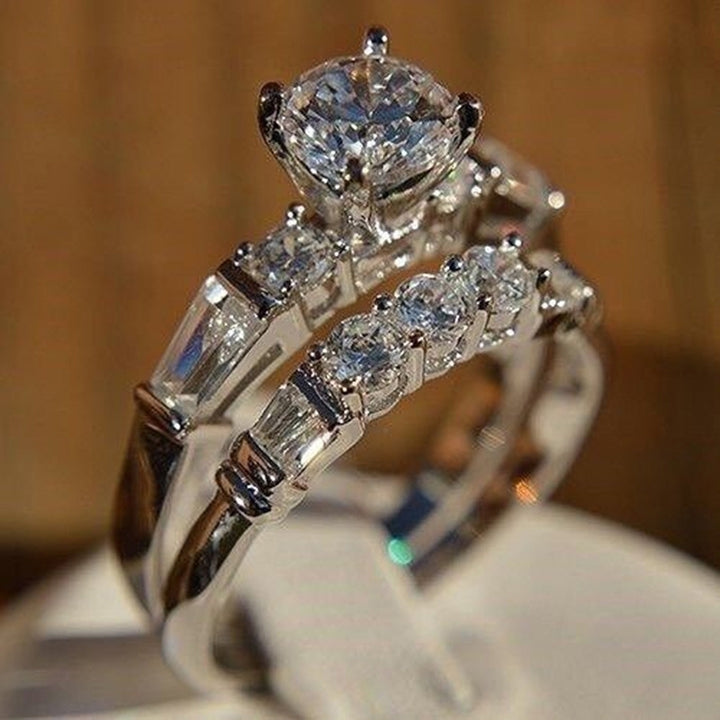2Pcs Shiny Cubic Zirconia Inlaid Women Wedding Rings Jewelry Charm Gift Image 4