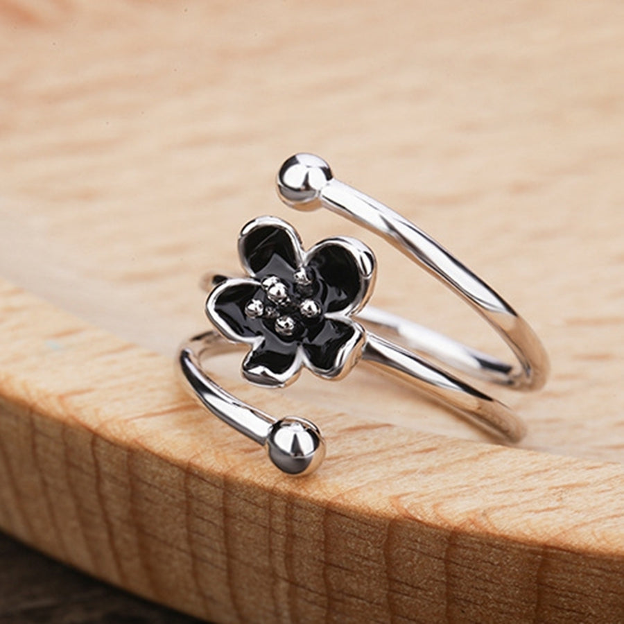 Fashion Women Enamel Black Flower Adjustable Opening Finger Ring Jewelry Gift Image 1