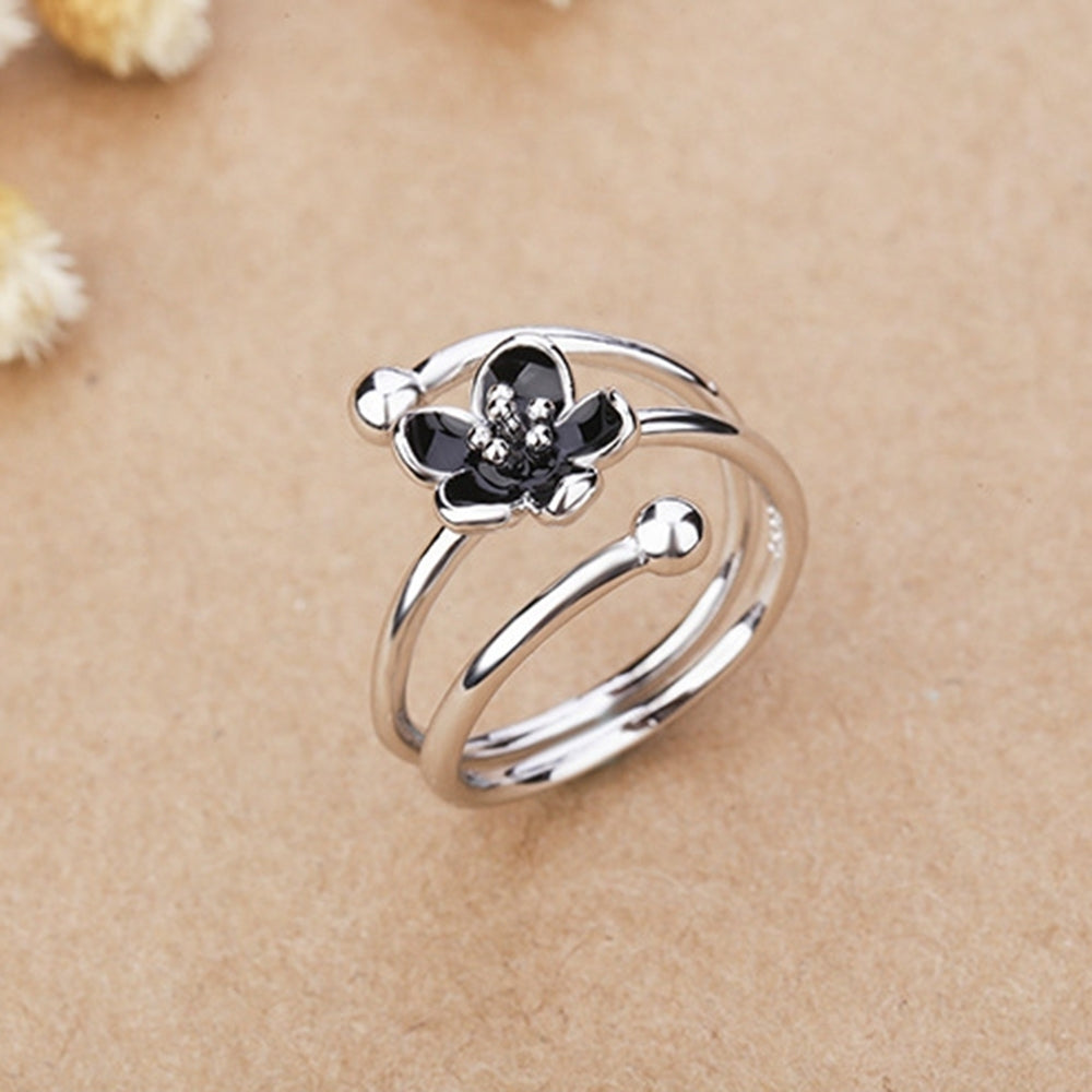 Fashion Women Enamel Black Flower Adjustable Opening Finger Ring Jewelry Gift Image 2