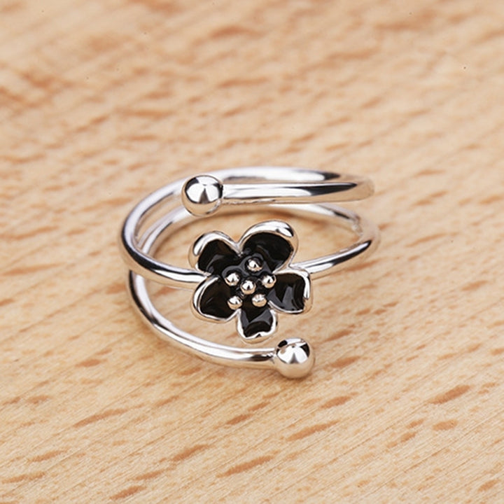 Fashion Women Enamel Black Flower Adjustable Opening Finger Ring Jewelry Gift Image 3