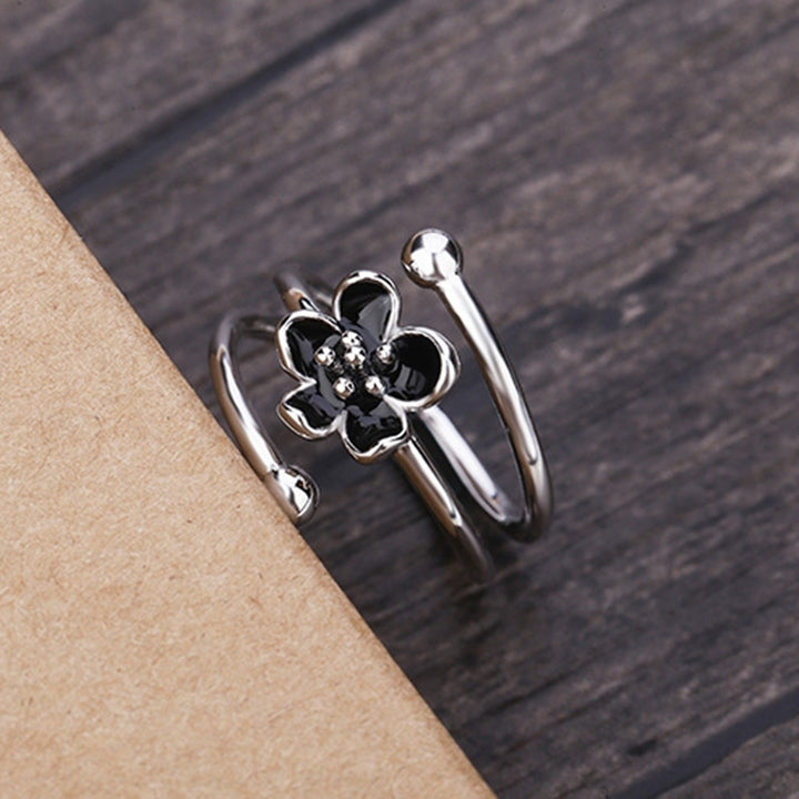 Fashion Women Enamel Black Flower Adjustable Opening Finger Ring Jewelry Gift Image 4