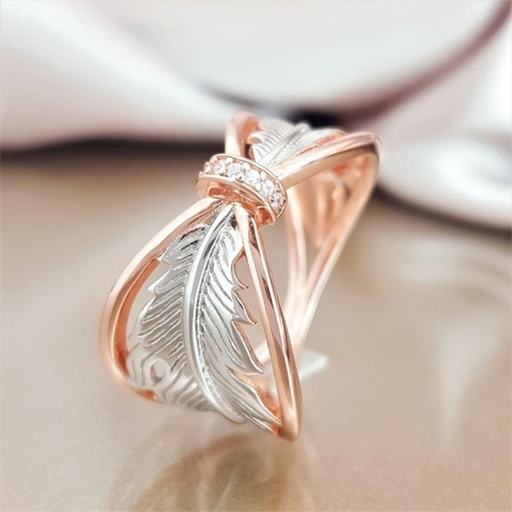 Fashion Women Dual Color Hollow Feather Rhinestone Inlaid Finger Ring Jewelry Image 1