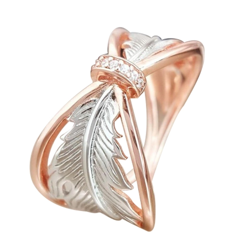 Fashion Women Dual Color Hollow Feather Rhinestone Inlaid Finger Ring Jewelry Image 4