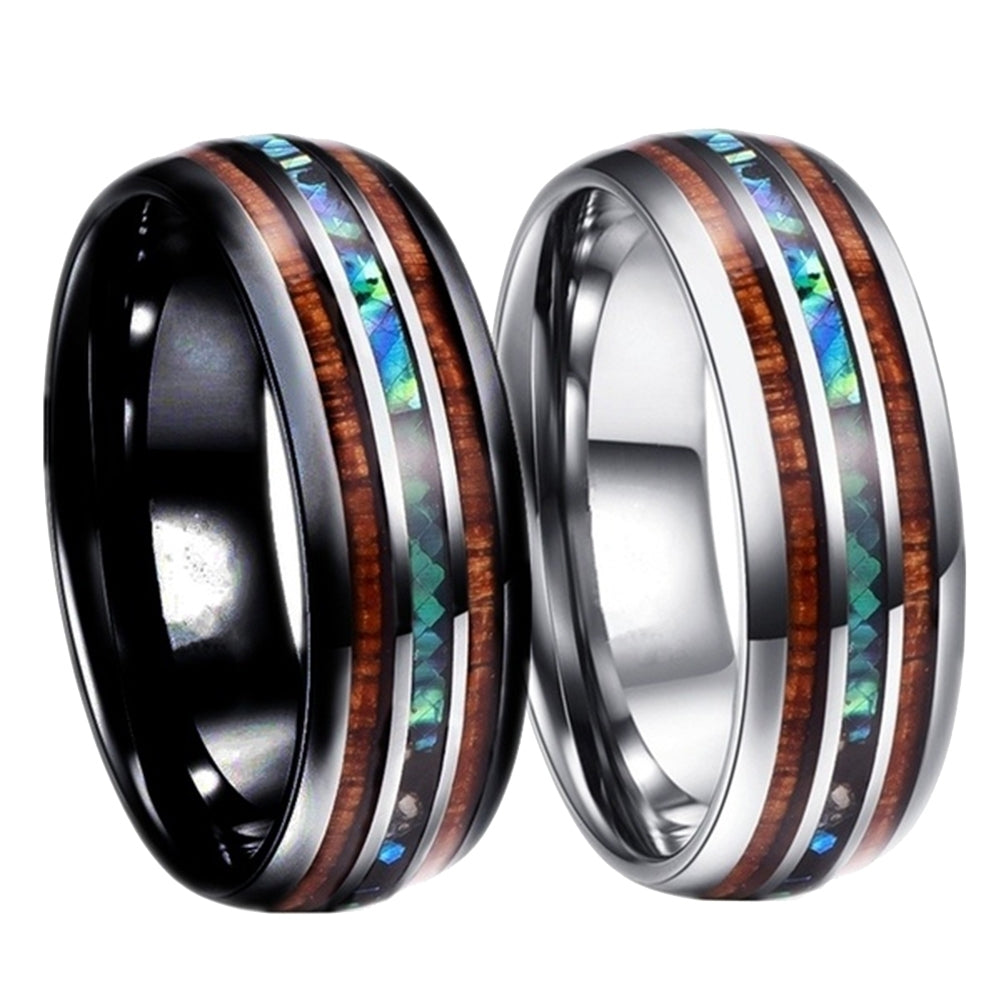 Fashion Unisex Wooden Abalone Shell Titanium Steel Ring Wedding Party Jewelry Image 1