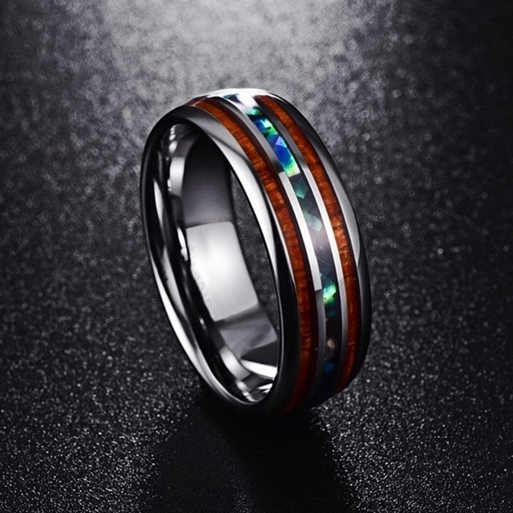 Fashion Unisex Wooden Abalone Shell Titanium Steel Ring Wedding Party Jewelry Image 2