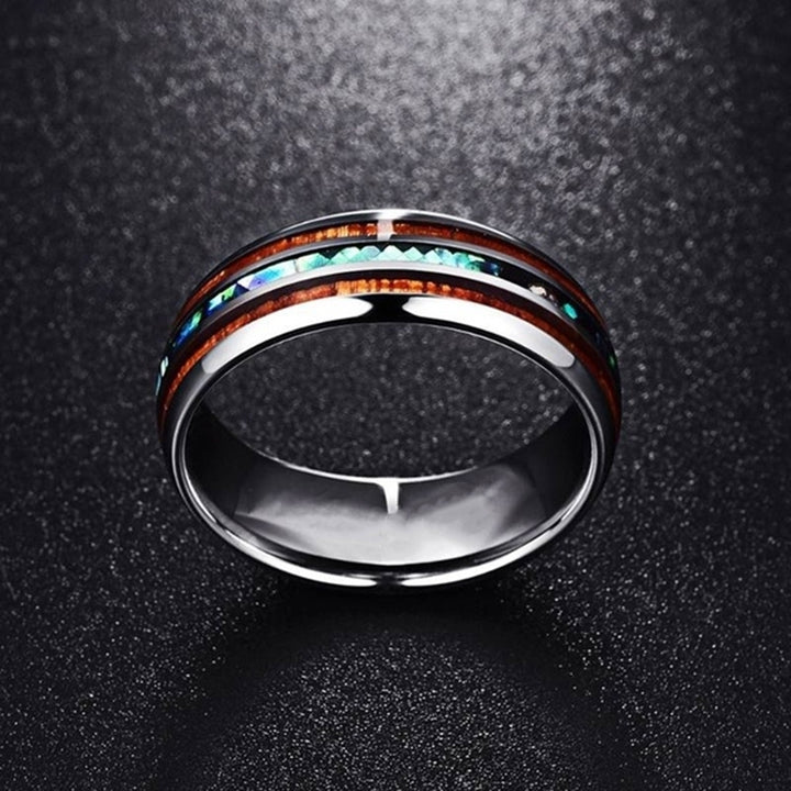 Fashion Unisex Wooden Abalone Shell Titanium Steel Ring Wedding Party Jewelry Image 3