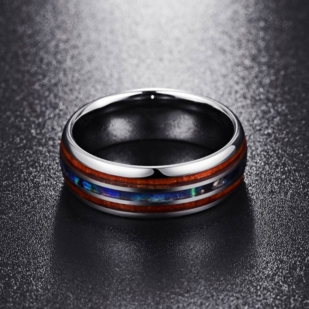 Fashion Unisex Wooden Abalone Shell Titanium Steel Ring Wedding Party Jewelry Image 4